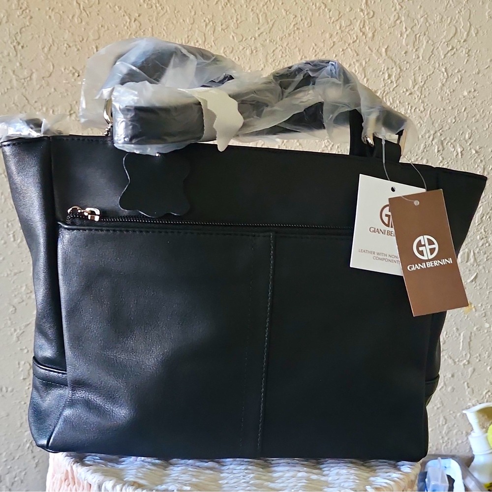Giani Bernini Nappa Tote Black Leather Zip Bag F01985/23GB Silver Hardware